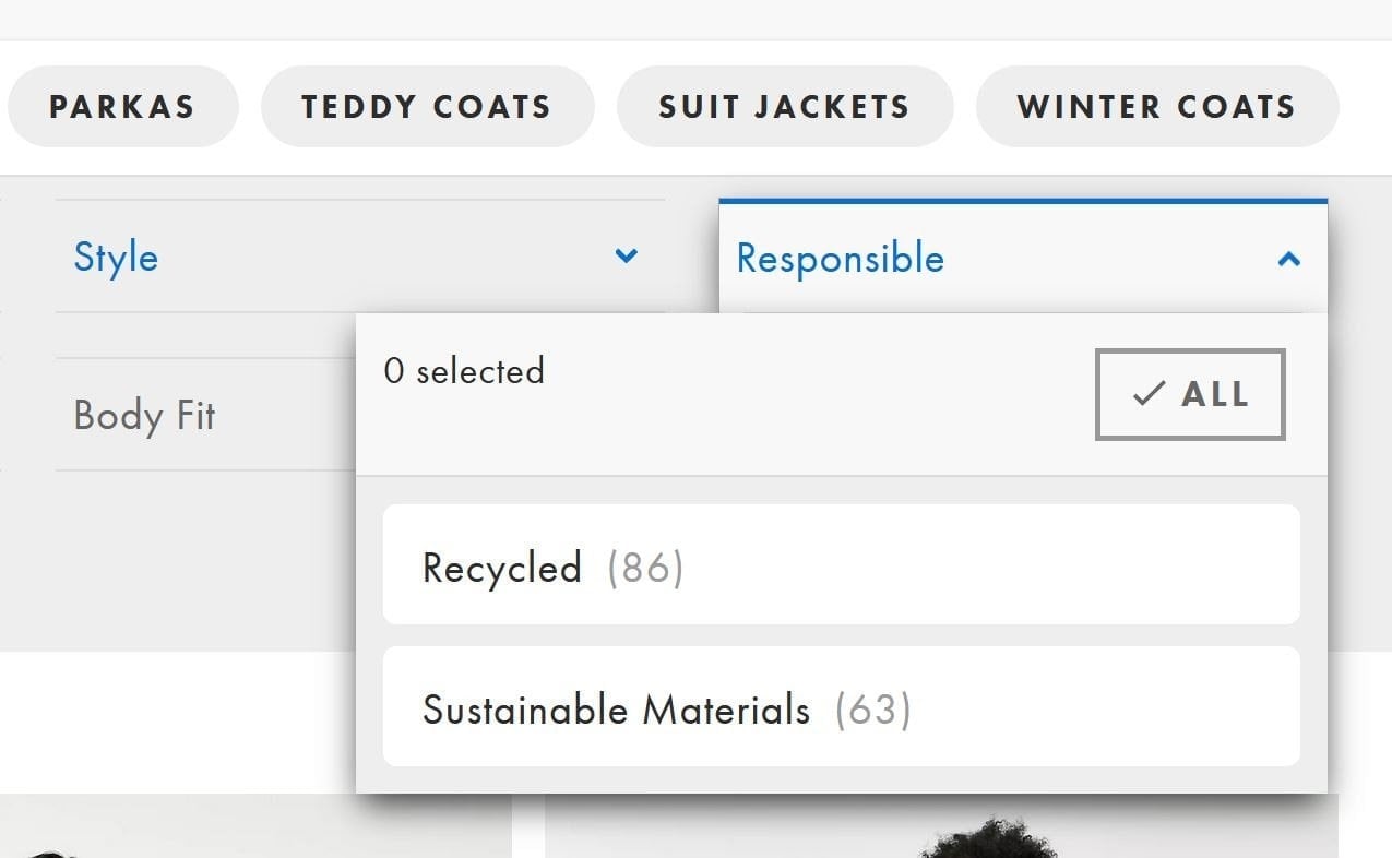 Skjermbilde av Ansvarlig-filteret på ASOS