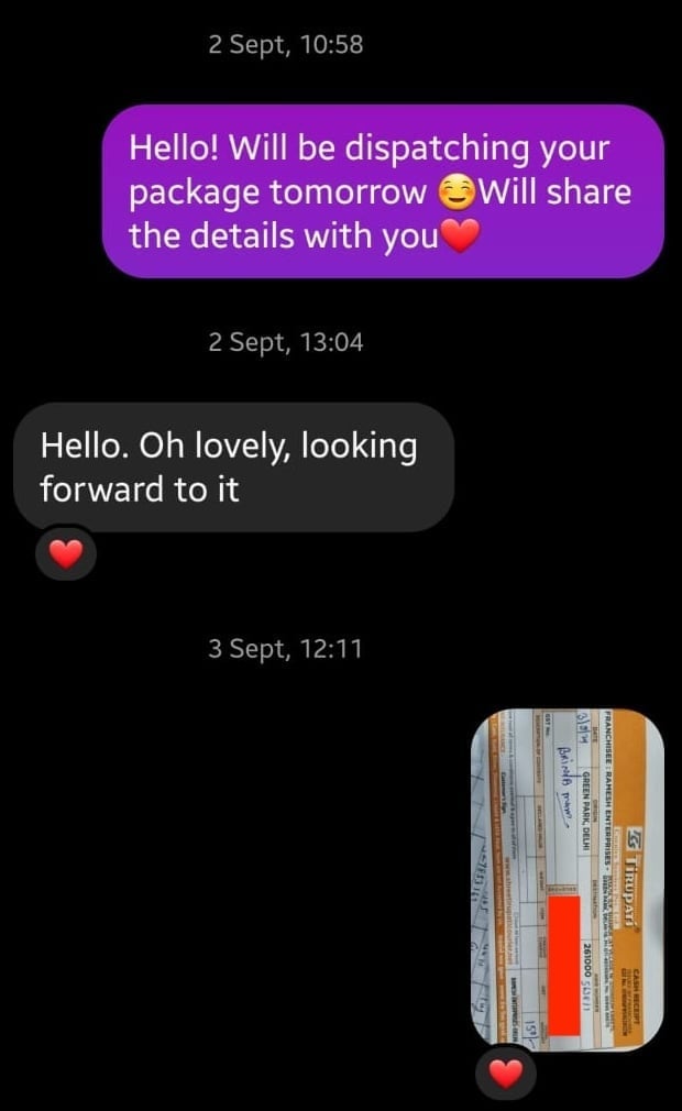 billede af, hvordan ordreopfyldelsesprocessen forbedres, Instagram-DM med tydelig kommunikation om forsendelsen