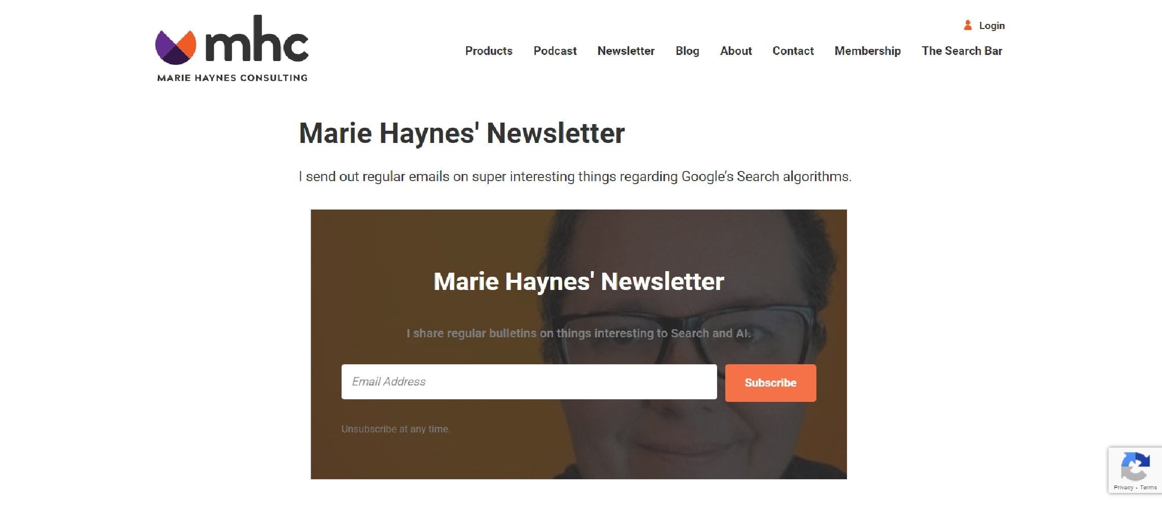 Marie Haynes' SEO-nyhetsbrevside