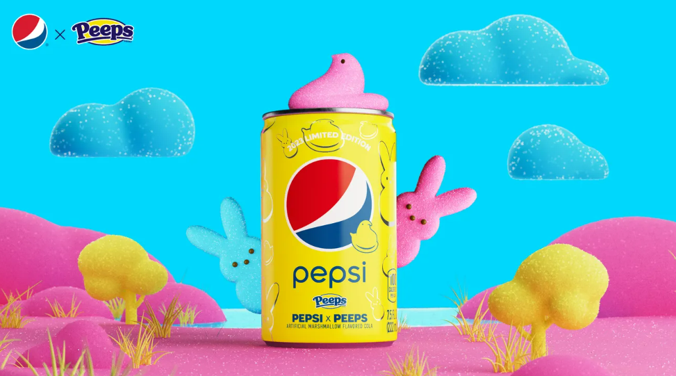 Et skærmbillede af en sodavandsdåse fra samarbejdet mellem Pepsi og Peeps med en drik med skumfidussmag.