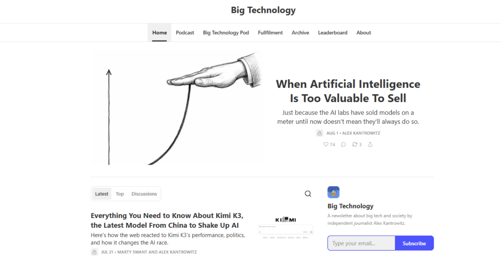 Big Technology-hjemmeside med AI-nyheder, teknologianalyse, podcastindhold, nyhedsbreve og indsigt fra techbranchen