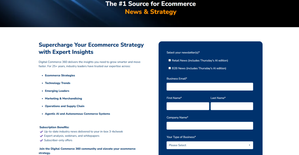 Tilmeldingsside til Digital Commerce 360-nyhedsbrevet