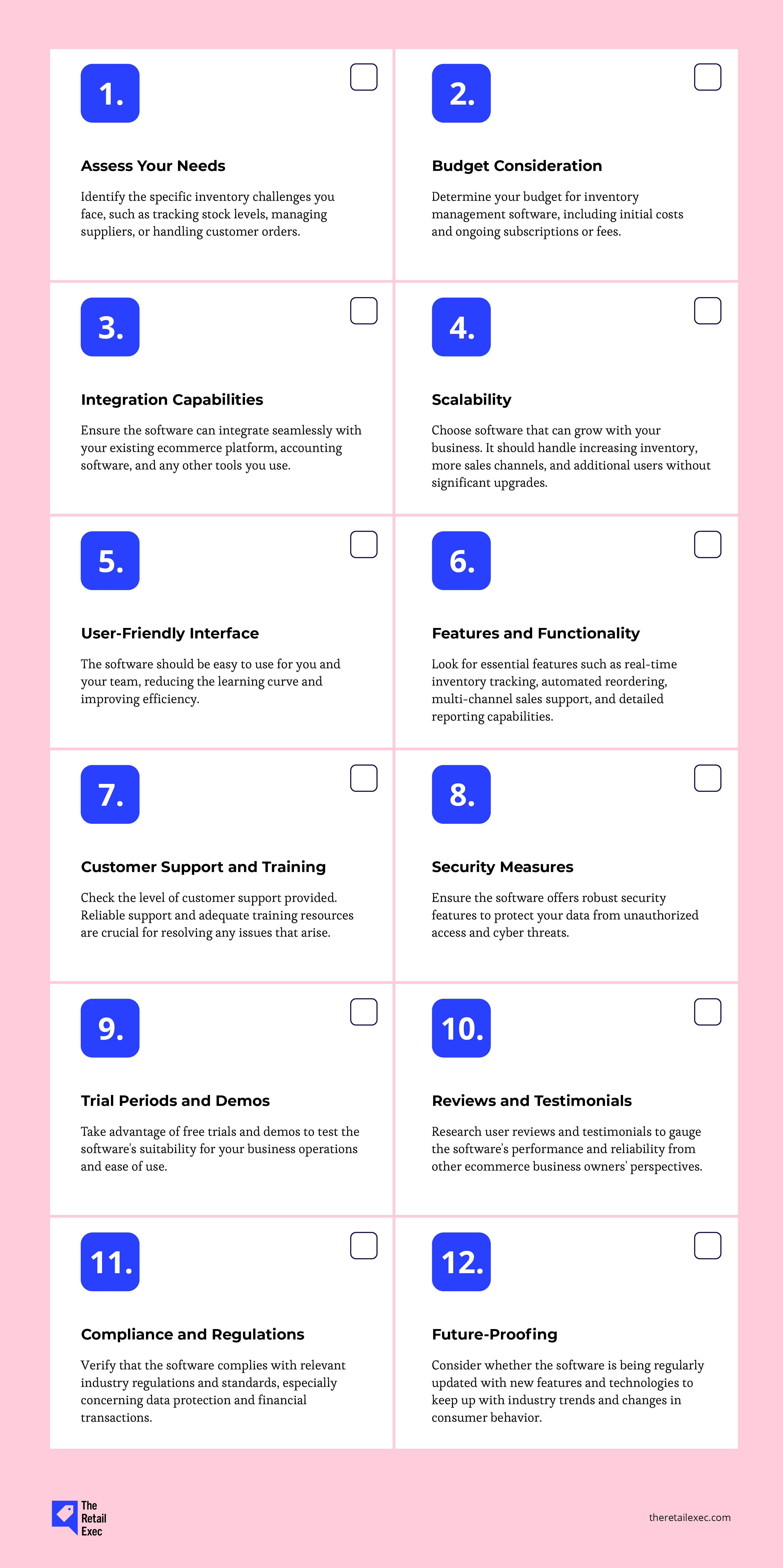 En visuel tjekliste over, hvad du bør overveje, når du vælger lagerstyringssoftware: behov, budget, integrationer, skalerbarhed, brugervenlighed, funktioner, kundeservice, sikkerhed, prøveperioder/demonstrationer, produktanmeldelser, overholdelse af regler og fremtidssikring.