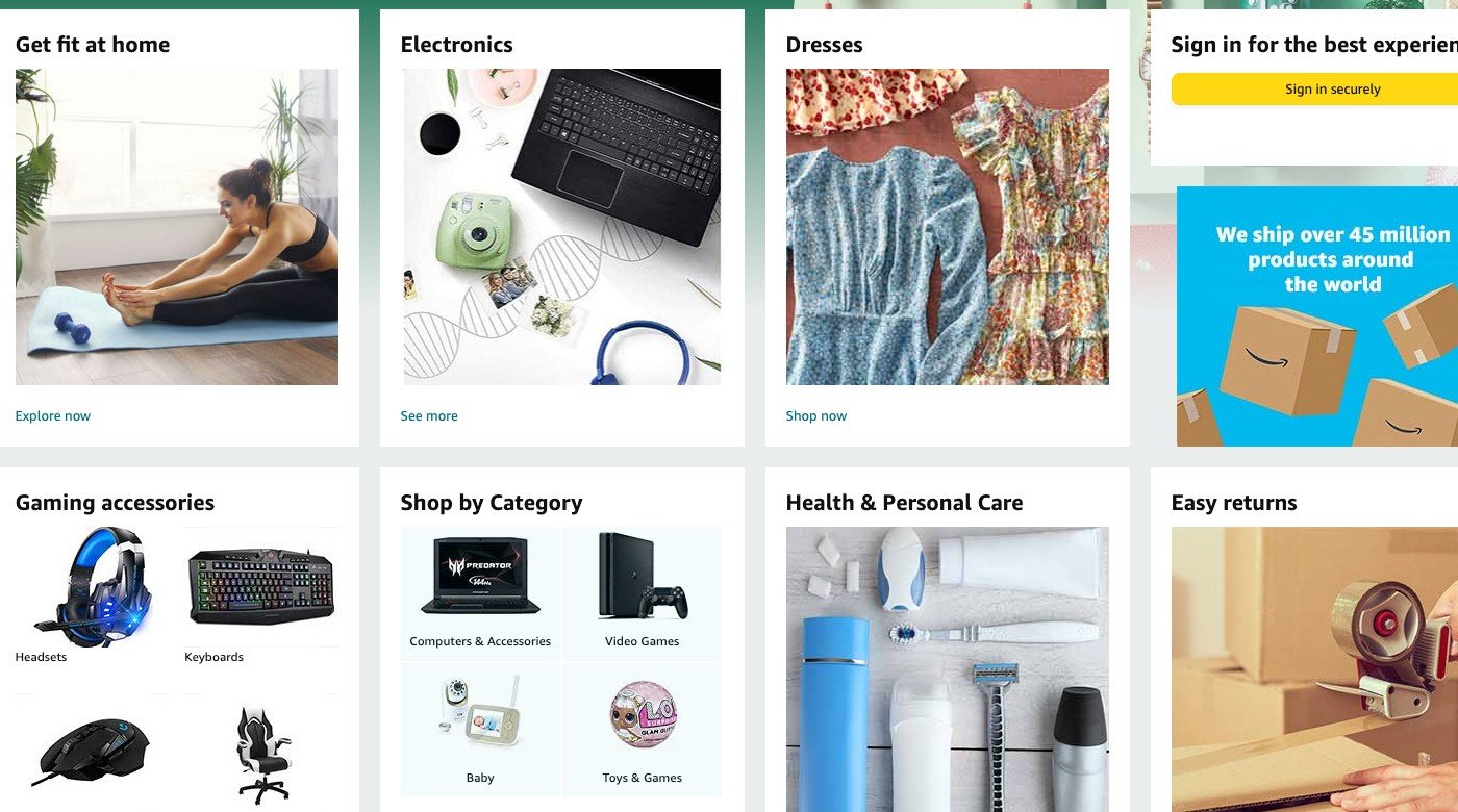 Et skærmbillede af Amazons markedsplads, der viser de forskellige produktkategorier, der tilbydes.