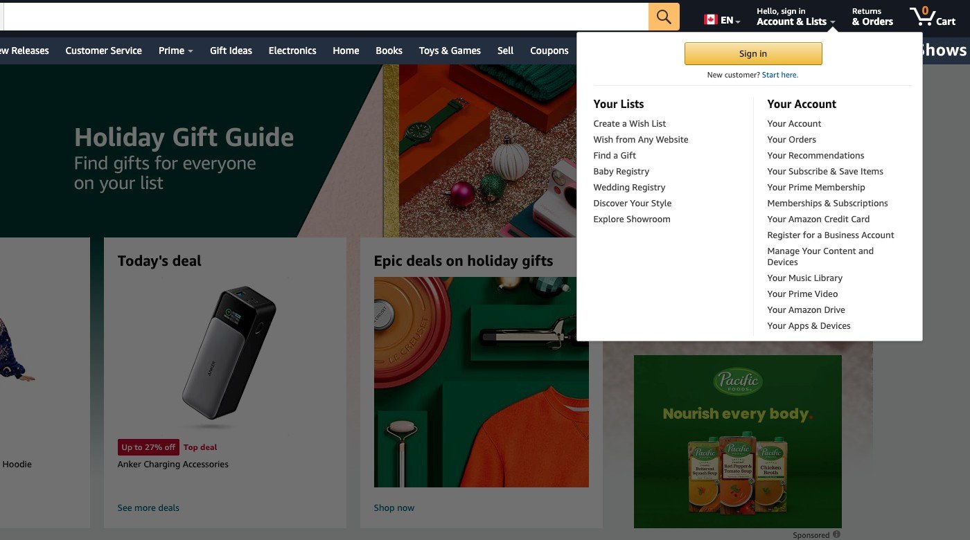 Et skærmbillede af Amazons websted, der viser brugerens kontofunktioner.