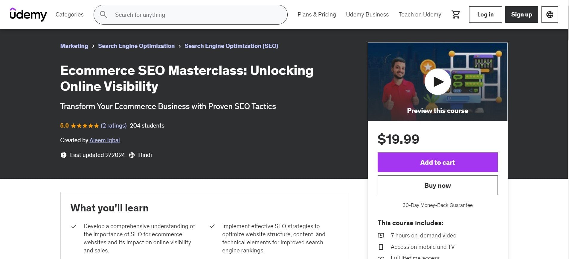 Mesterklassekurs i SEO for netthandel av Aleem Iqbal på Udemy