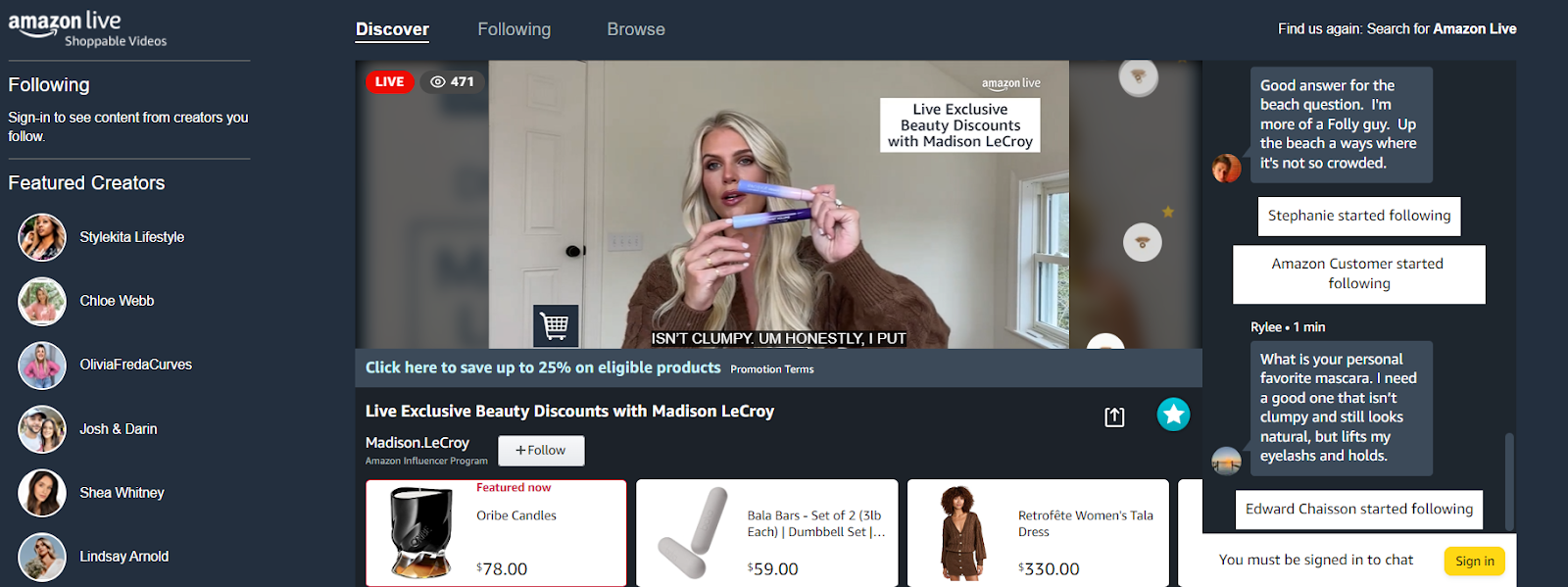 Et skærmbillede af livestream-shopping på Amazon Live.