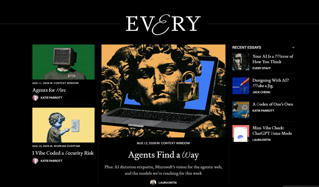Every-webstedets forside med artikler og essays om AI, teknologi, innovation og kreative perspektiver på den digitale kulturs fremtid
