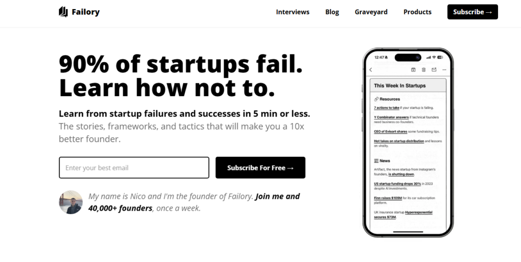 Failory-startside med tilmelding til nyhedsbrev om iværksættervirksomheder, besked til stifterfællesskabet og mobil forhåndsvisning af indsigter og ressourcer om iværksætteri