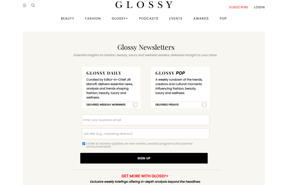 Glossys tilmeldingsside til nyhedsbrev
