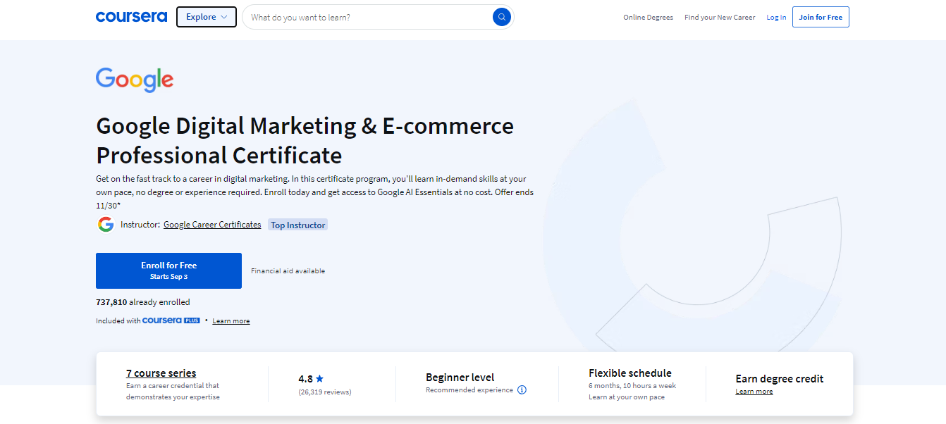 Googles profesjonelle sertifikat i digital markedsføring og & netthandel, et SEO-kurs for netthandel
