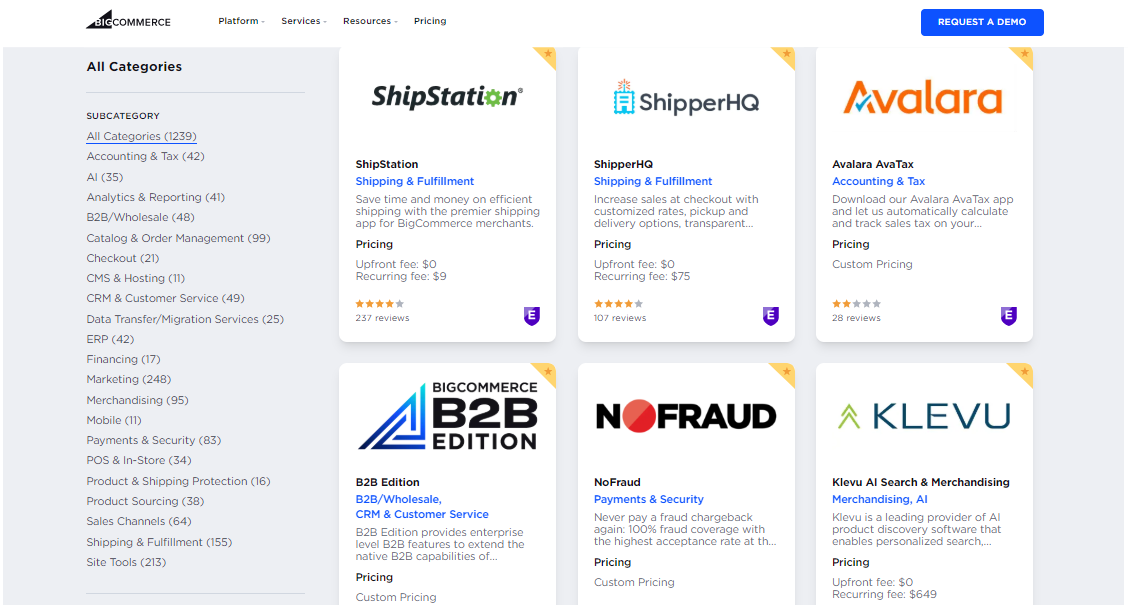 Skærmbillede af Bigcommerces integrationsmarkedsplads