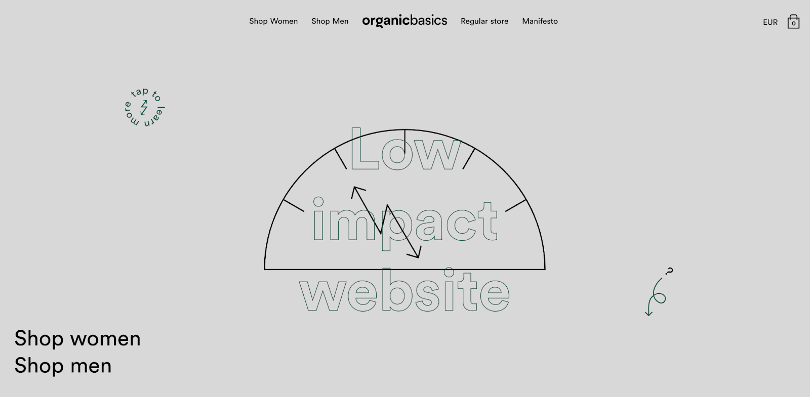 Skærmbillede af Organic Basics' websted med lav miljøpåvirkning