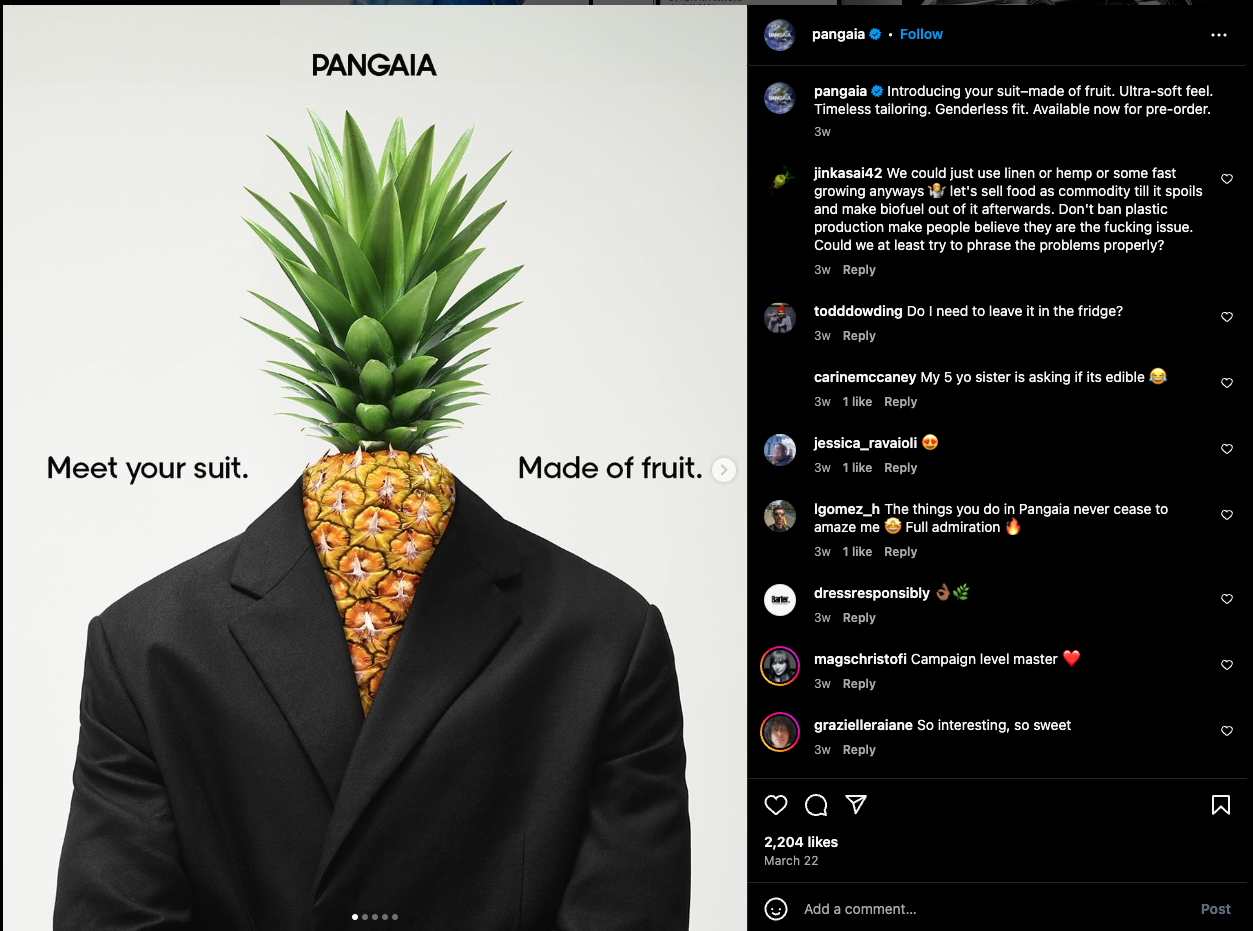 Instagram-innlegg fra PANGAIA om markedsføring i sosiale medier for netthandel