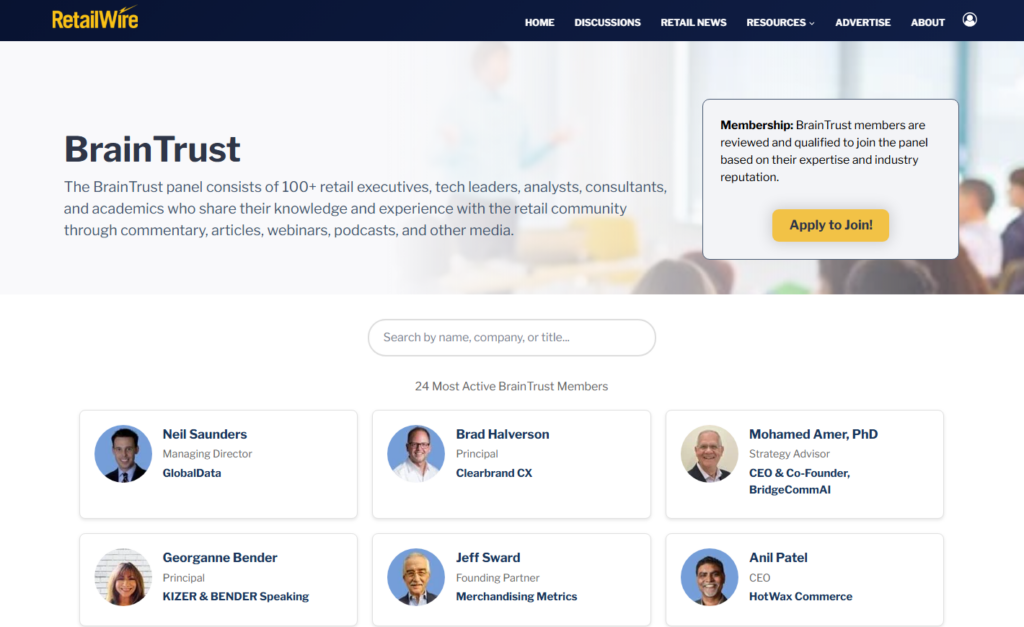 BrainTrust-side med ledere, analytikere, konsulenter og akademikere innen detaljhandel