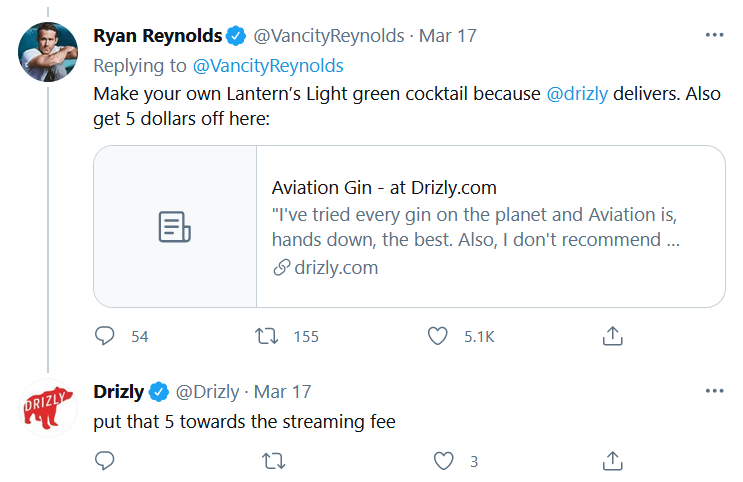Ryan Reynolds Tweet Drizly Screenshot