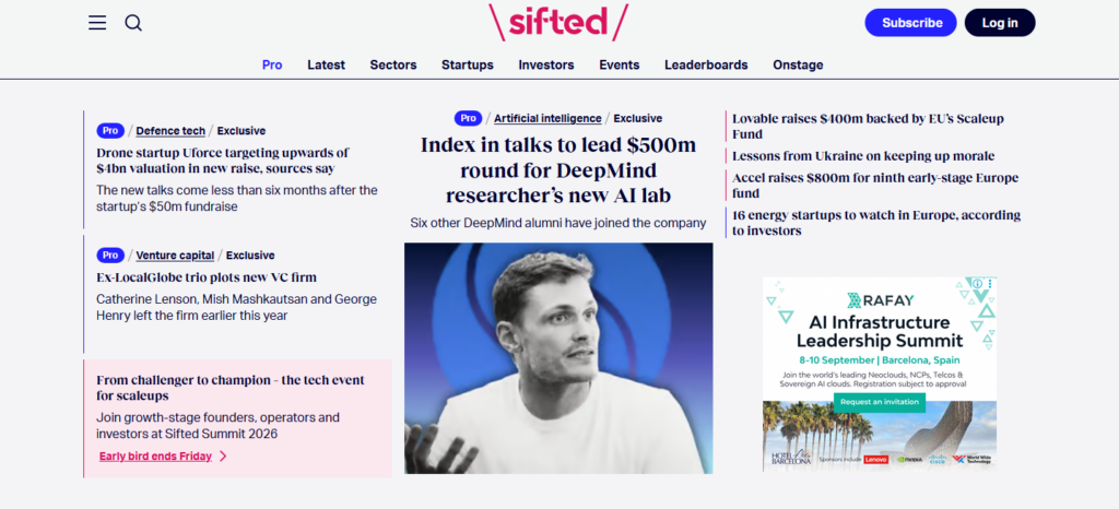 Sifteds forside med startupnyheder, opdateringer om venturekapital, dækning af AI-branchen, investeringsindsigter og teknologihistorier