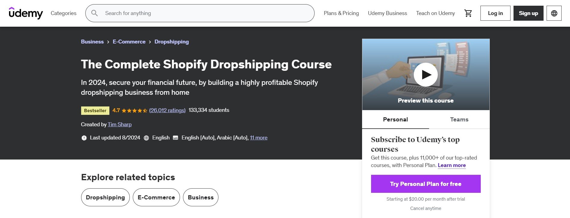 Siden for det komplette Shopify-kurset i dropshipping