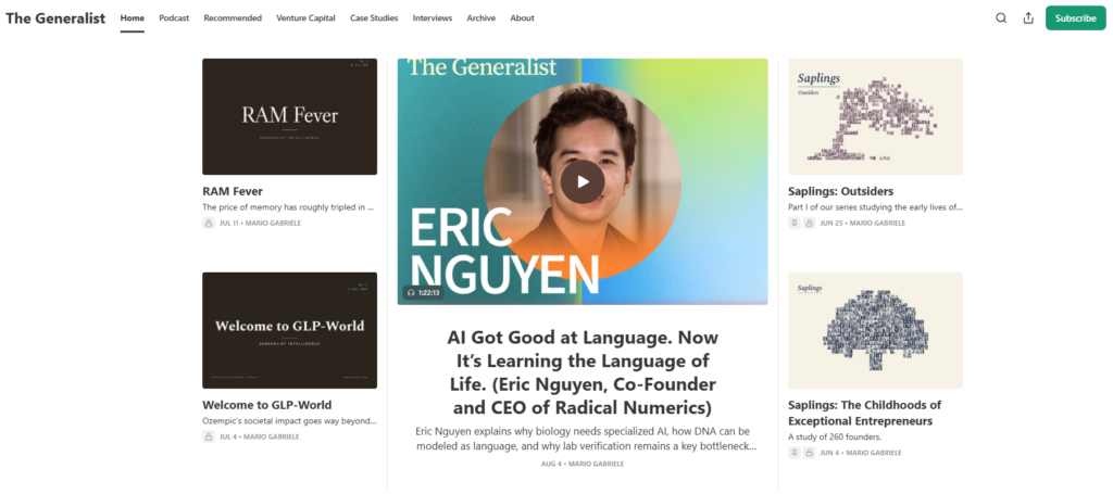 Generalisten-forsiden med artikler, podcasts, interviews og undersøgelser om AI, teknologi, iværksætteri og nye brancher