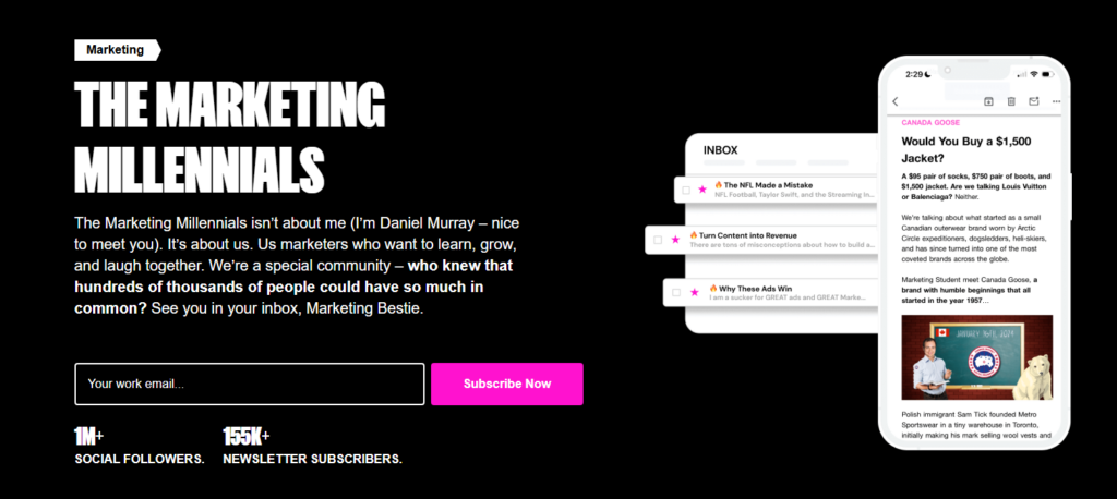 Tilmeldingsside til nyhedsbrevet Marketing Millennials med forhåndsvisning af marketingindhold, e-mailabonnementsformular og fællesskabsstatistik