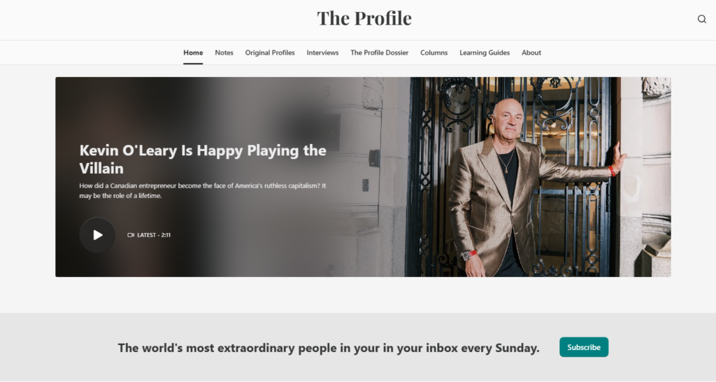 Hjemmesiden for The Profile med en fremhævet artikel om Kevin O'Leary samt navigation til interviews, originale profiler, klummer og læringsguider