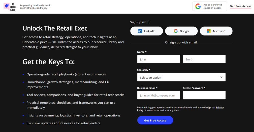Tilmeldingsside for The Retail Exec.