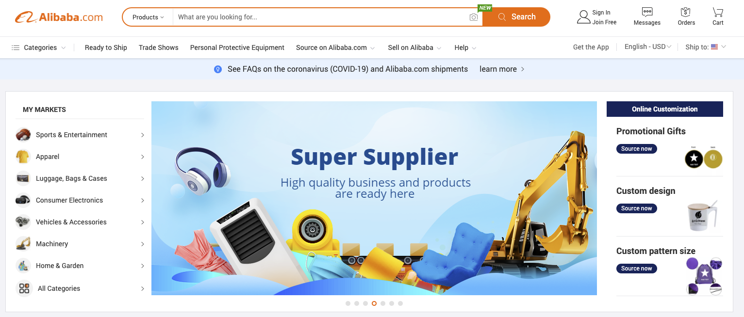 Alibaba – skærmbillede af en B2B-e-handelsplatform