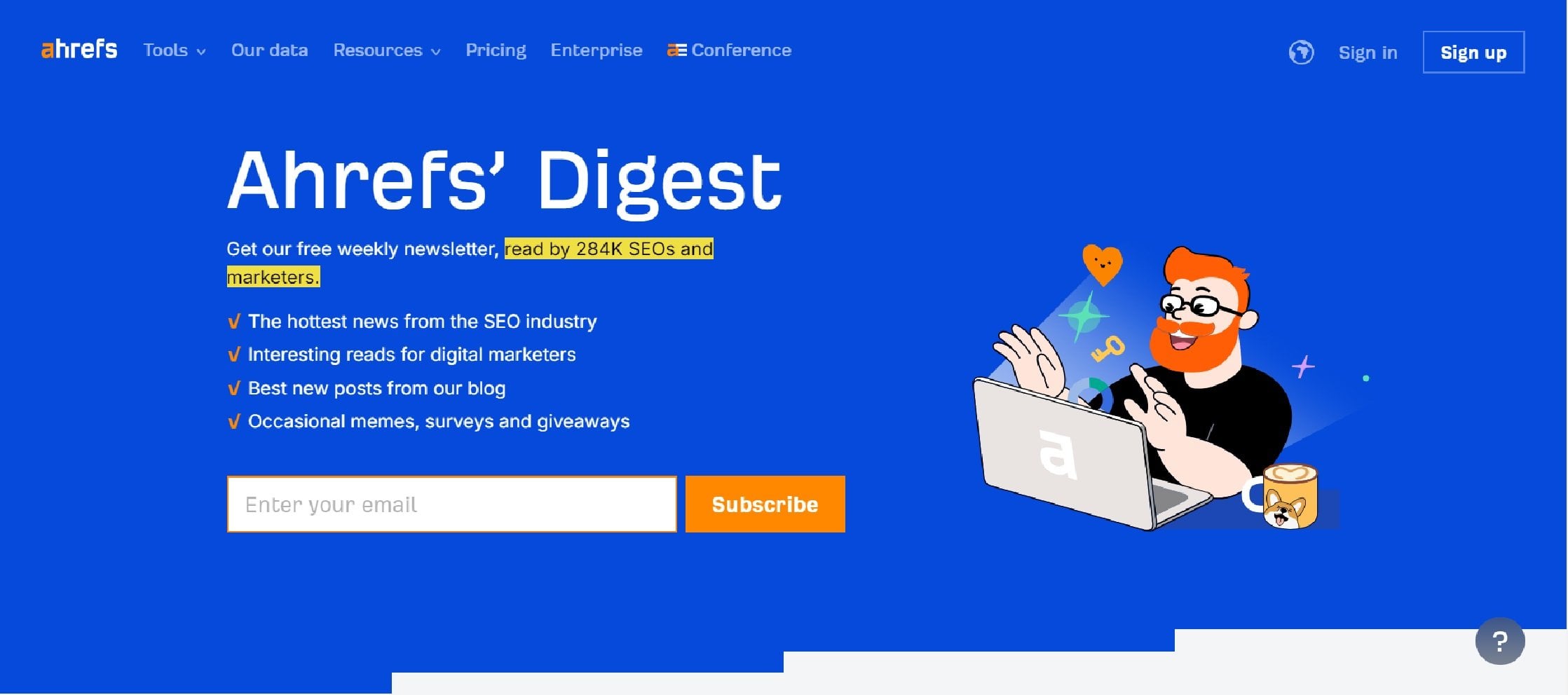Abonnementssiden for Ahrefs Digest-nyhetsbrevet