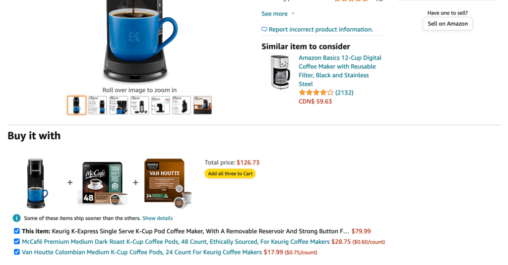 skærmbilleder af Amazons produktside