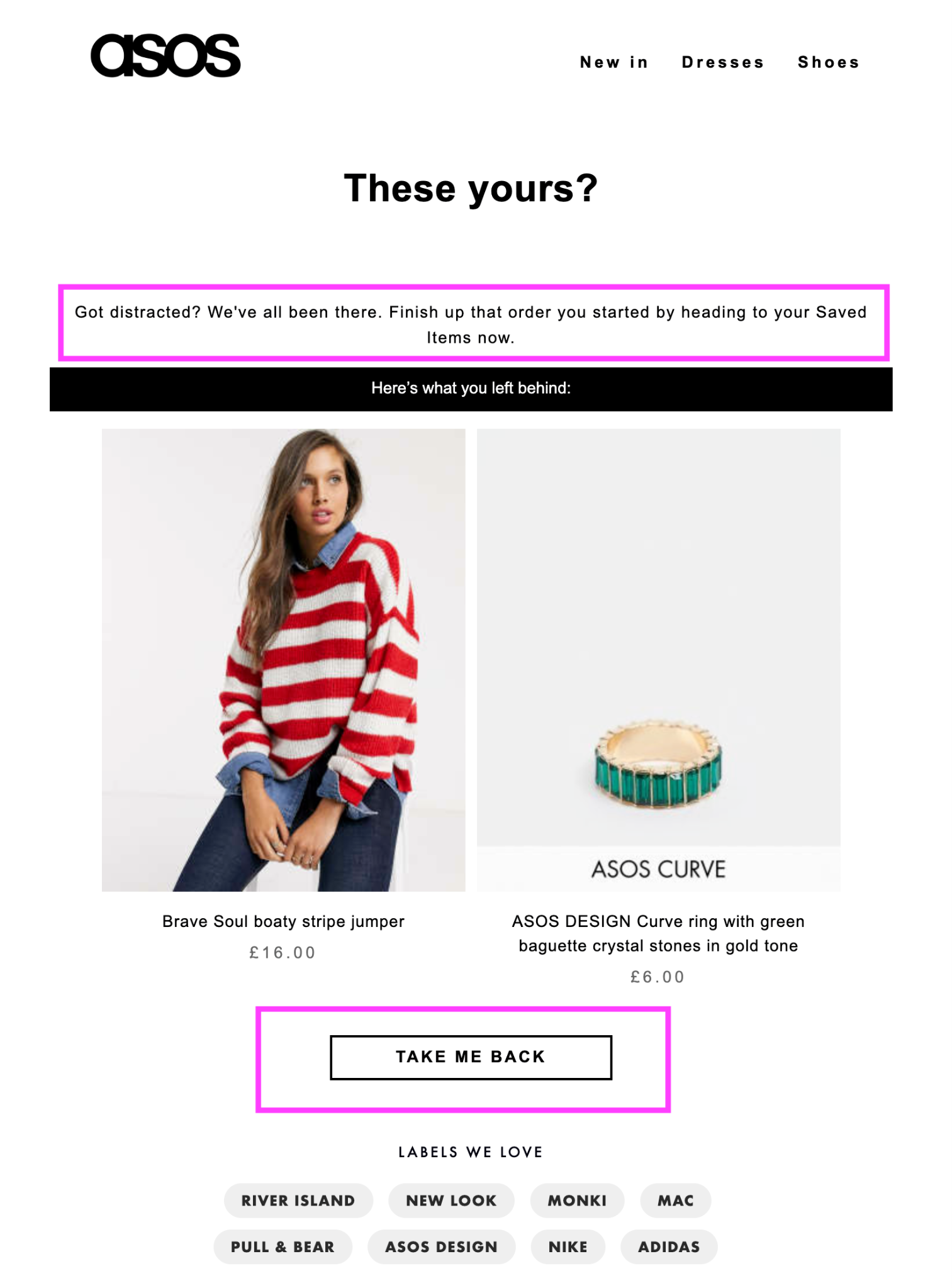ASOS' direkte og minimalistiske skærmbillede af en e-mail om gendannelse af indkøbskurv