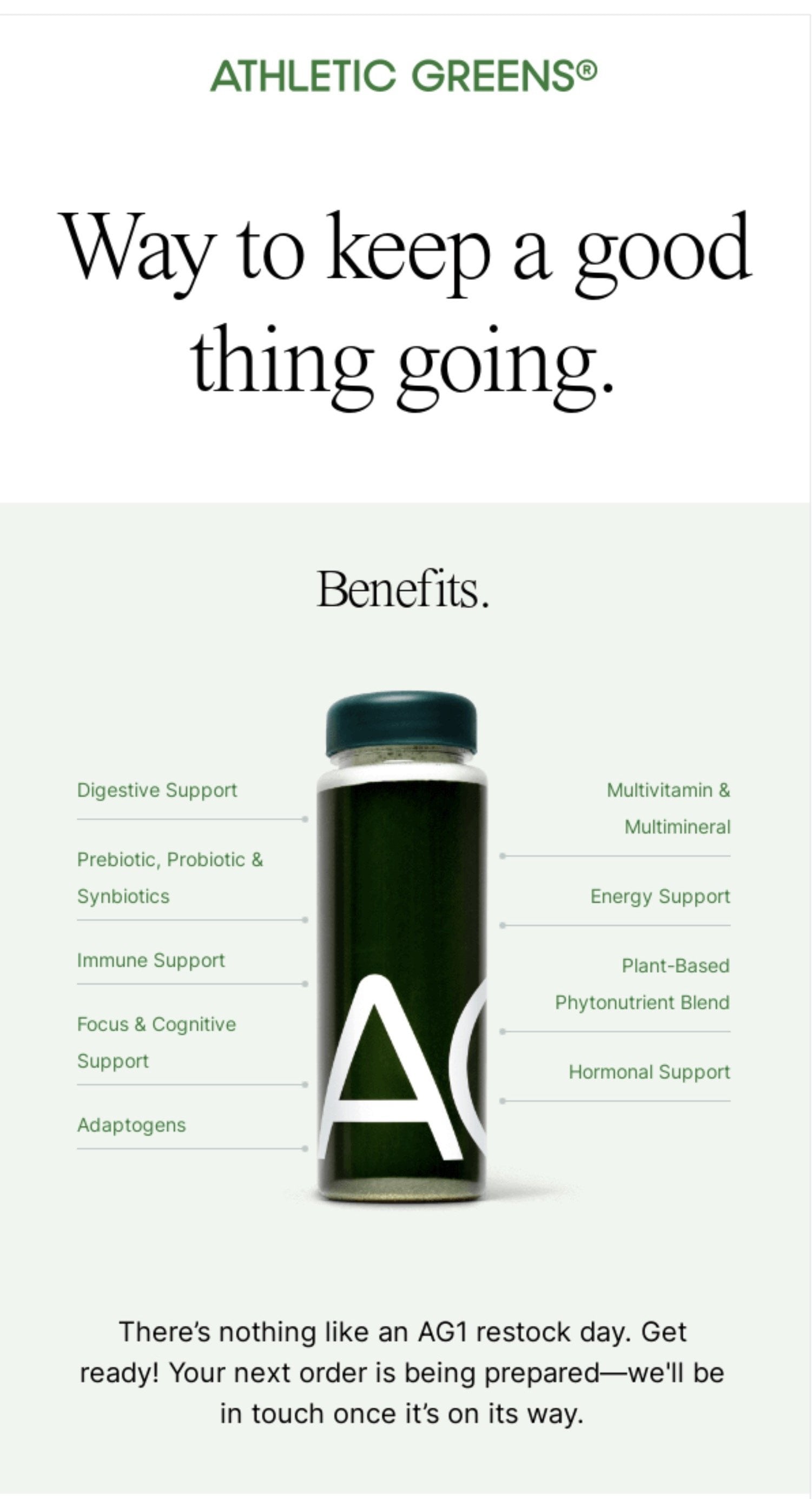 kommunikation om genbestilling af Athletic Greens-abonnement