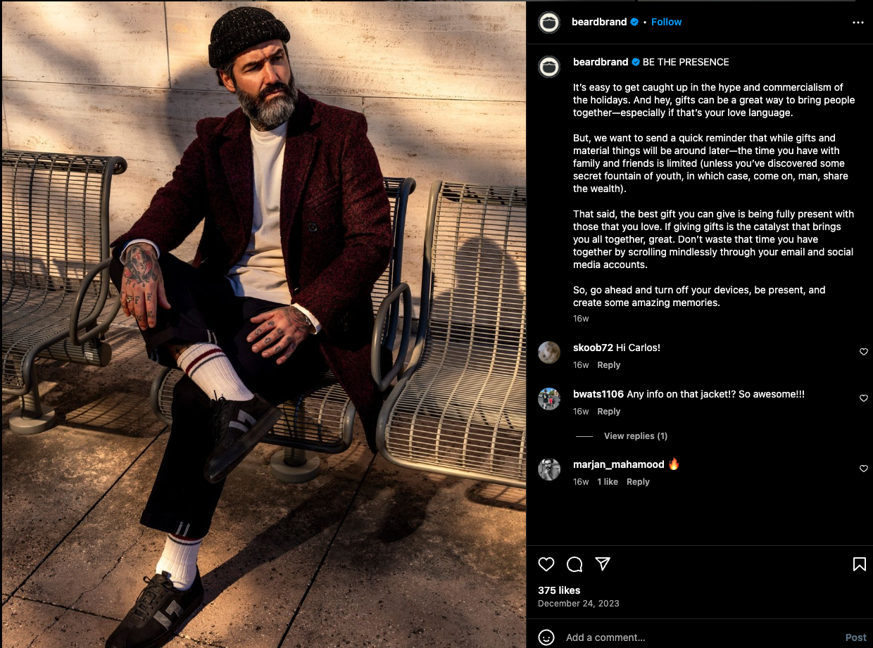 Instagram-innlegg fra Beardbrand om markedsføring i sosiale medier for netthandel