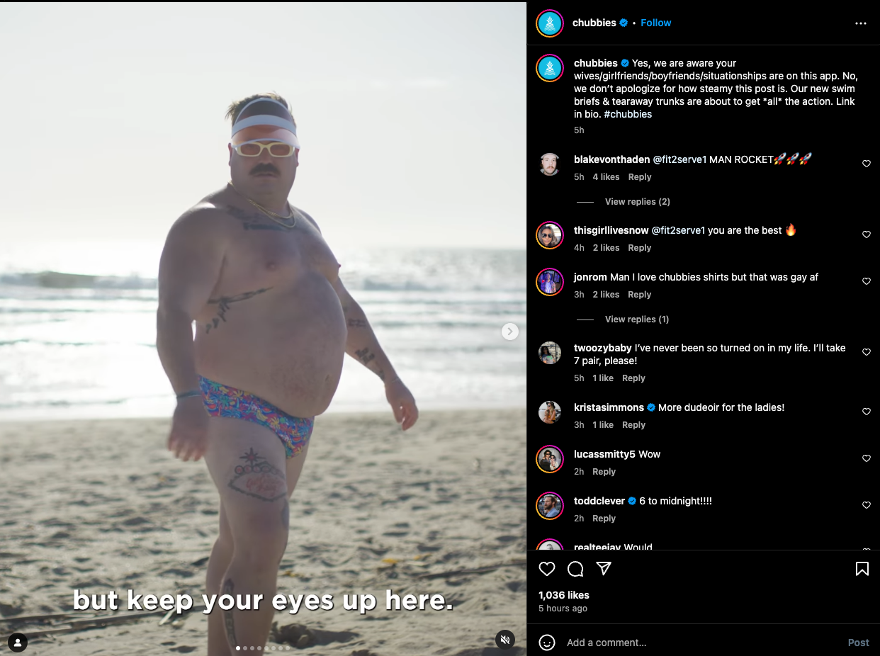 morsomt Instagram-innlegg fra Chubbies om markedsføring i sosiale medier for netthandel