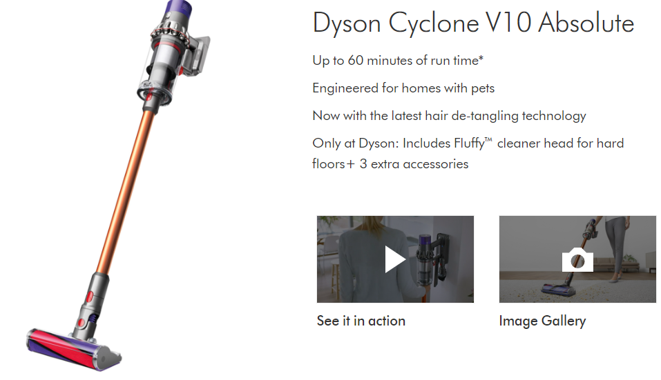skærmbillede af Dysons produktside for støvsugere