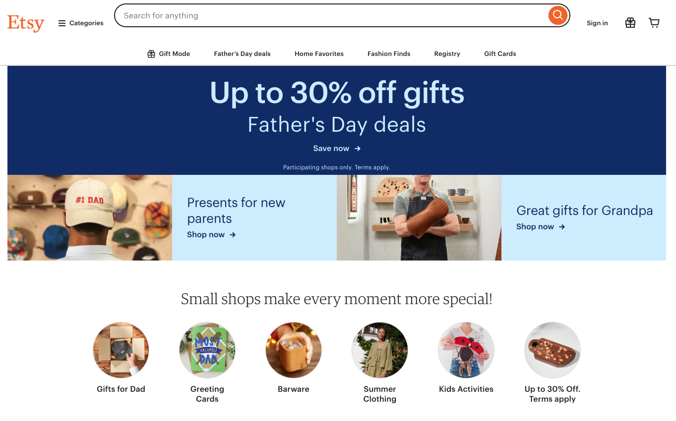 Etsy-hjemmeside til C2C-e-handel