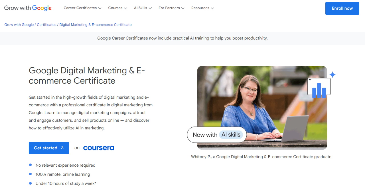 Google-sertifikatets side for digital markedsføring og netthandel
