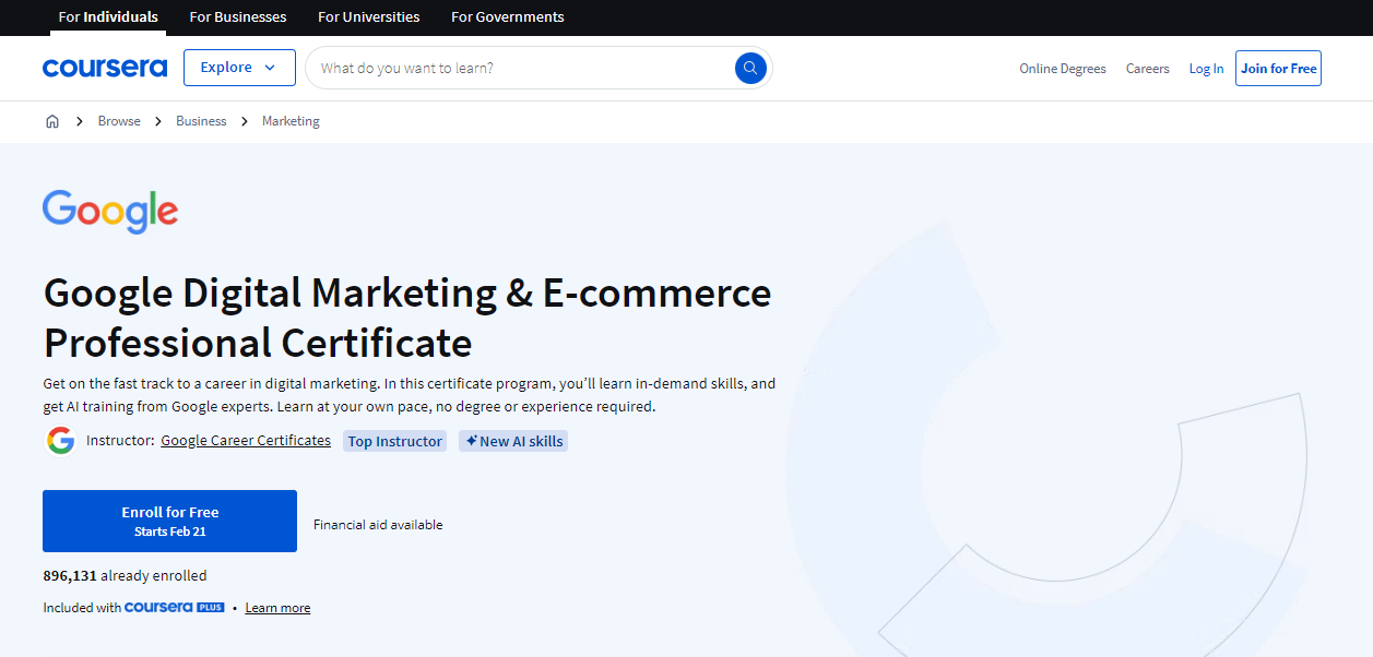 Landingsside for Googles profesjonelle sertifikat i digital markedsføring og e-handel