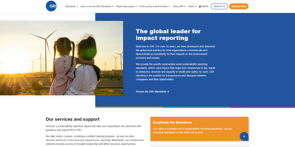 Et skærmbillede af webstedet for The Global Reporting Initiative (GRI)