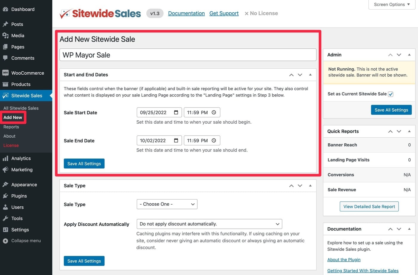 legg til nytt salg i Sitewide Sales