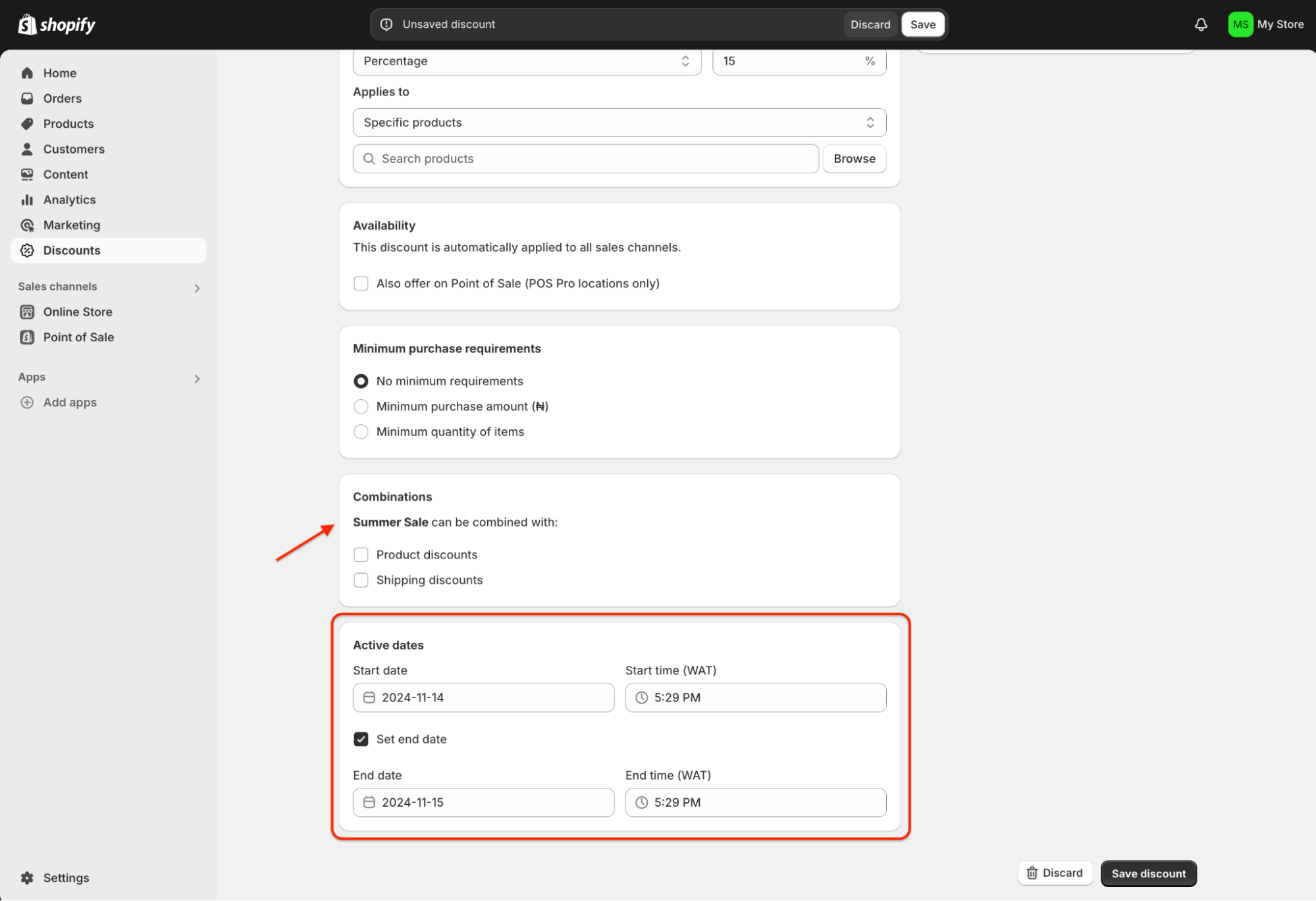 aktive datoer for Shopify-rabatter
