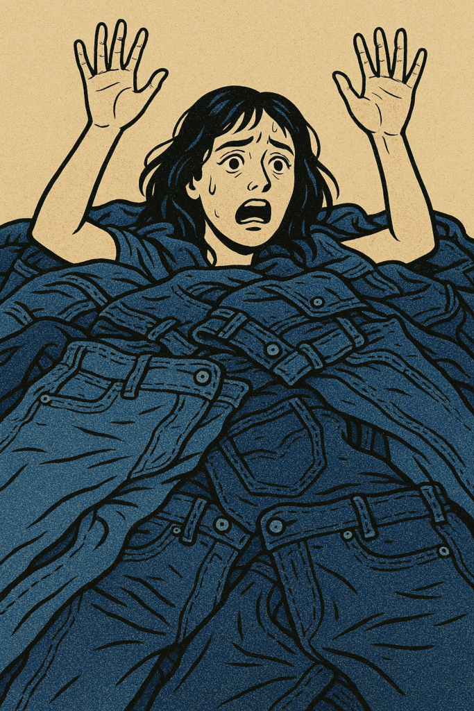 illustration af Sarah, der drukner i denim
