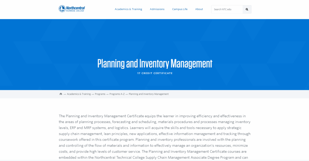 Skjermbilde av nettsiden for sertifiseringer innen planlegging og lagerstyring