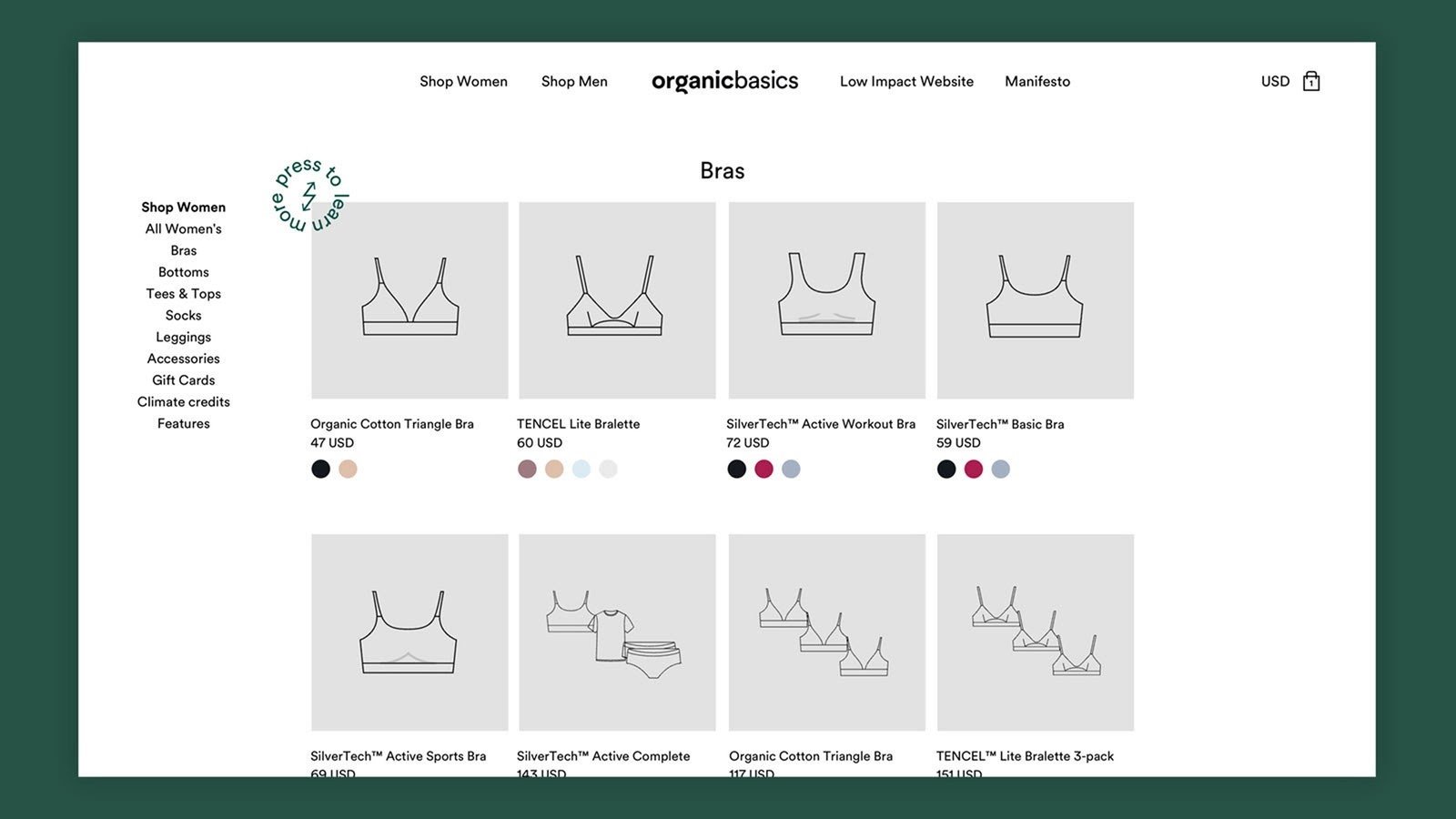 Skærmbillede af Organic Basics-produktside
