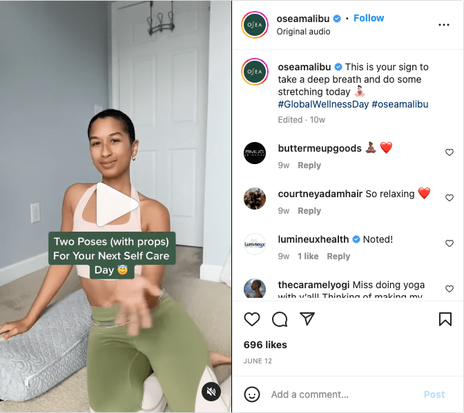 skjermbilde av Osea-innlegg på Instagram