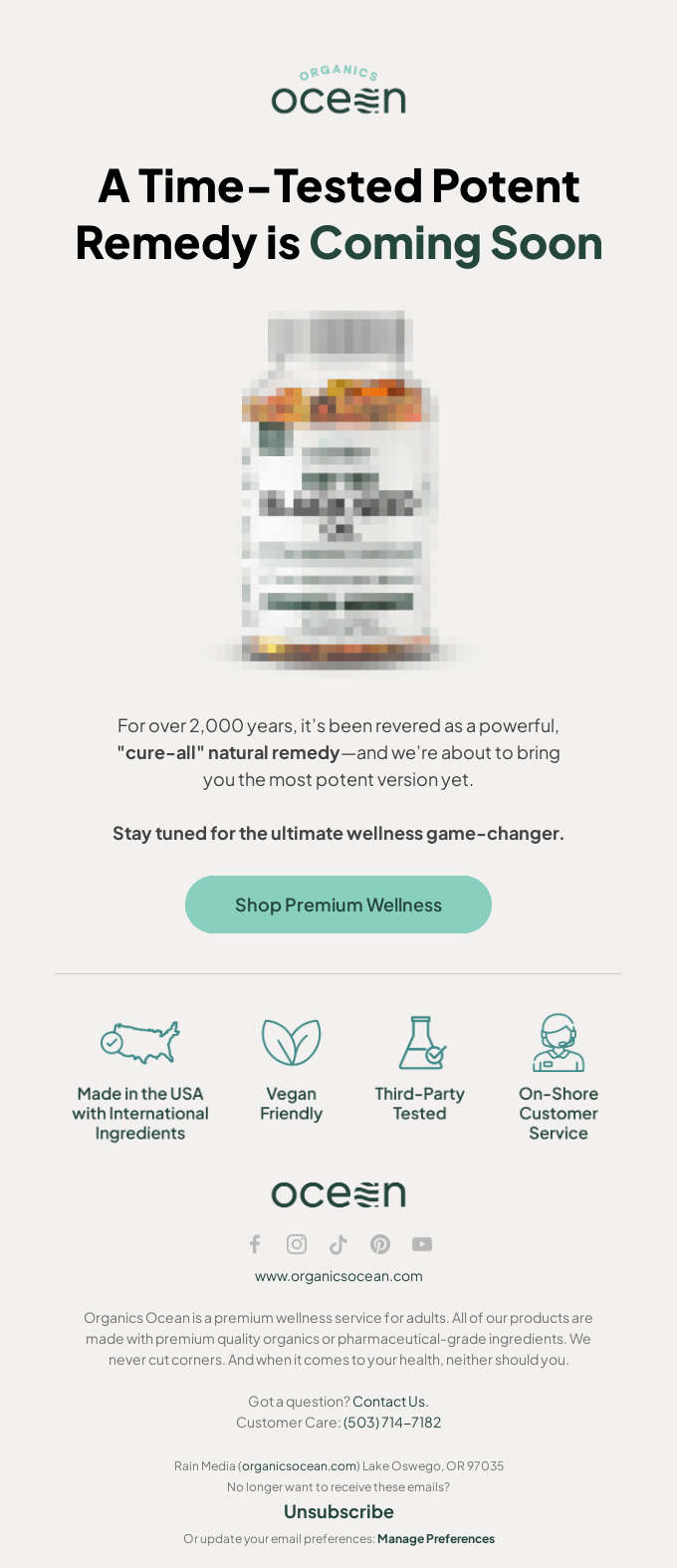 skjermbilde av eksempler på e-poster for produktlansering fra Organics Ocean