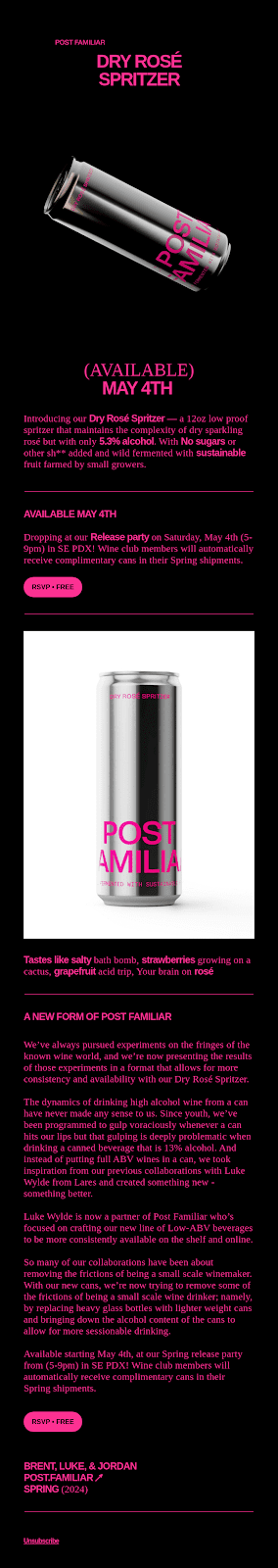 eksempler på e-poster om produktlansering, skjermbilde fra Post Familiar