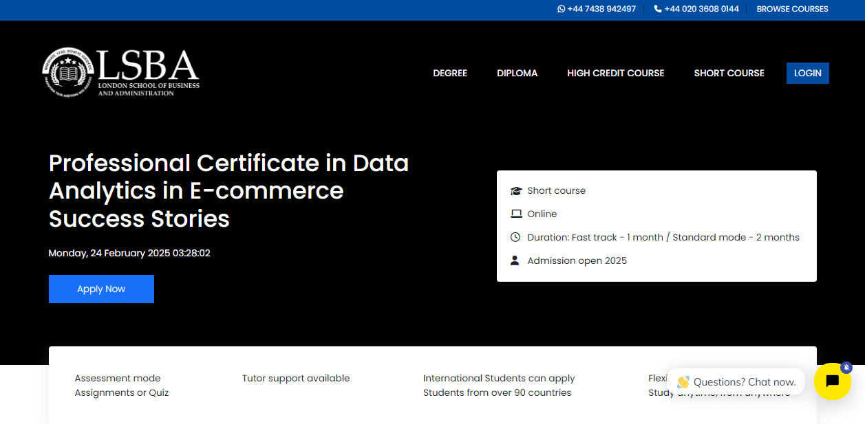 Landingsside for professionelt certifikat i dataanalyse inden for e-handel
