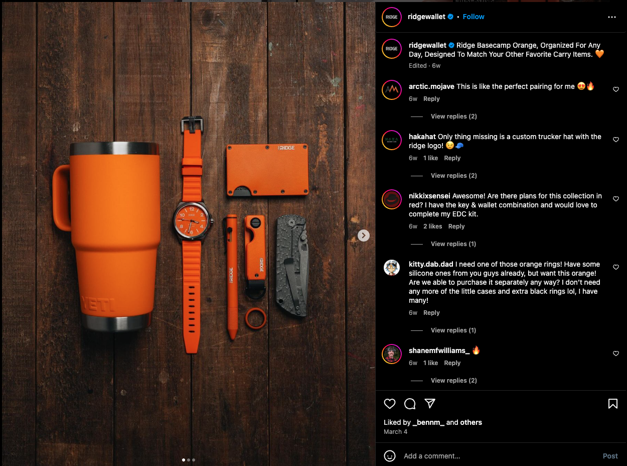 Instagram-innlegg fra Ridge om markedsføring i sosiale medier for netthandel