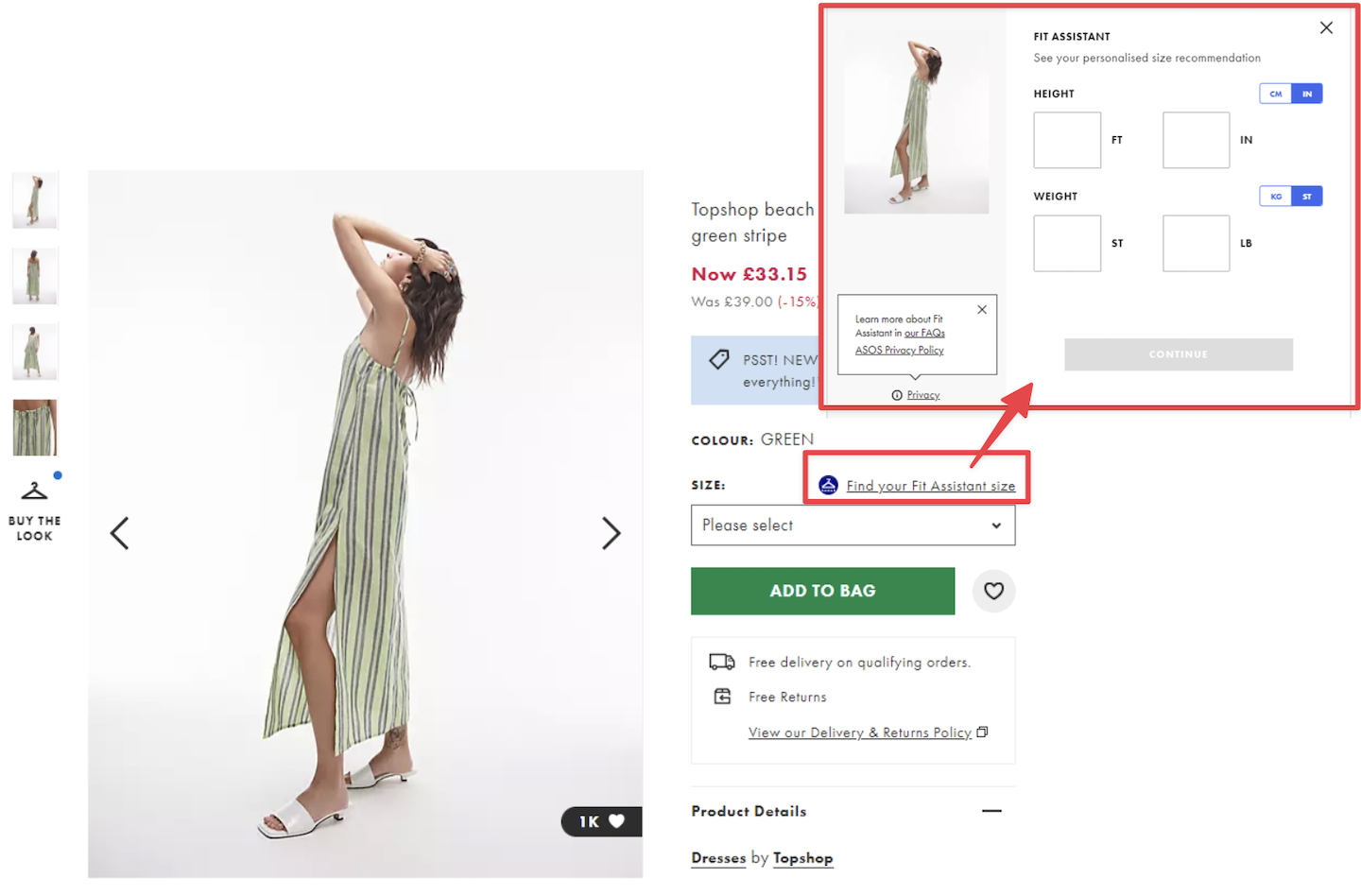 skærmbillede af overskudslager for asos med nøjagtig produktbeskrivelse