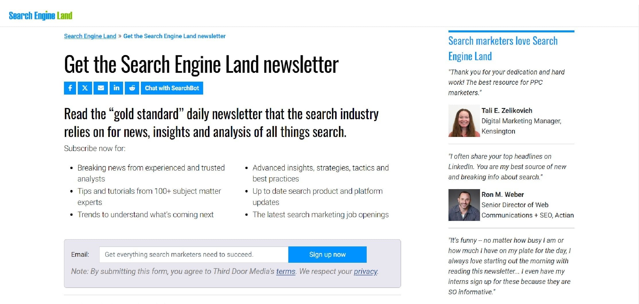 Abonnementssiden for nyhetsbrevet Search Engine Land